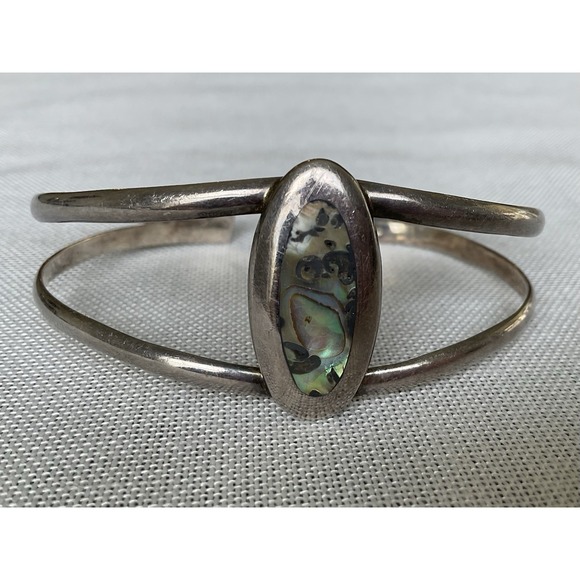 Tested 925 Sterling Silver Abalone She'll Cuff Bangle Bracelet Vintage - Picture 1 of 6